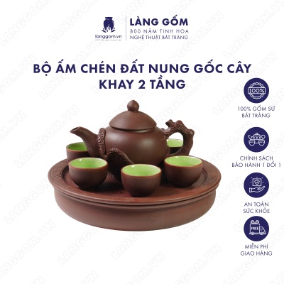 Bộ ấm chén gốc cây kèm khay 2 tầng men mộc